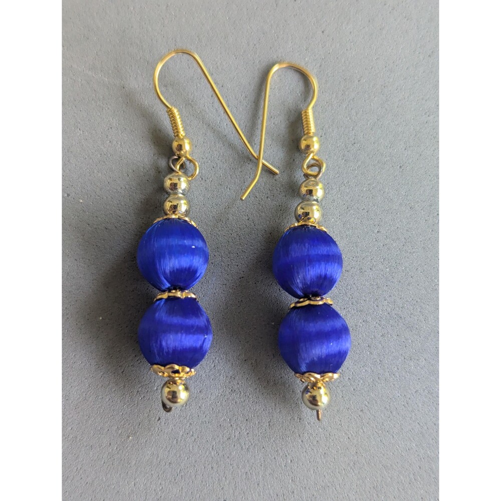 Royal Blue Silk Thread Wrapped Bead Dangle Earrings – Boho Textile Jewelry